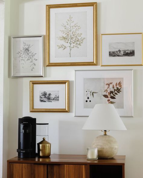 First attempt at a gallery wall. I loved mixing metals here. Mixed Metal Gallery Wall, Mixing Metals, Home Decor Hacks, Affordable Furniture, Decor Tips, Simple House, Home Decor Tips, Home Look, Home Goods