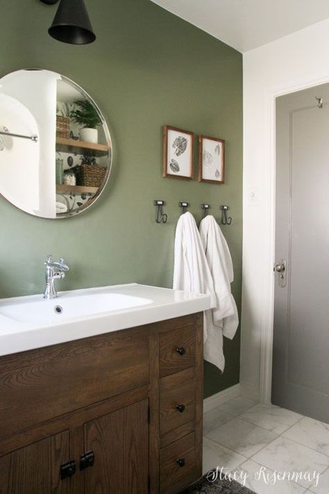 Green In Bathroom Ideas, Sage Green Bathroom Mirror, Green Accent Wall Bathroom Ideas, Bathroom Color Wall, Small Bathroom Green Accent Wall, Bathroom Ideas Olive Green, Light Olive Bathroom, Rustic Retreat Bathroom, All Green Bathroom Ideas