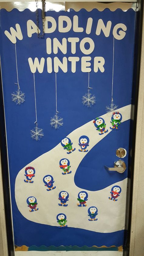 "Waddling into Winter" Preschool door theme. Preschool Door Winter, Penguin Classroom Door Ideas, Winter Door Theme For Classroom, Winter School Door Decorations, Door Decorations Preschool, Holiday Classroom Doors, Winter Door Decorations Classroom, Winter Classroom Door, Holiday Classroom Decorations