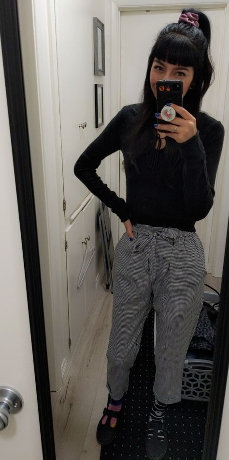 High-waist pants, mary-jane shoes, black sweater Crazy Sock Day, Mary Jane Outfit, Mary Jane Shoes Outfit, Outfit Pants, Shoes Outfit, Crazy Socks, Jane Shoes, Black Sweater, Business Casual Outfits