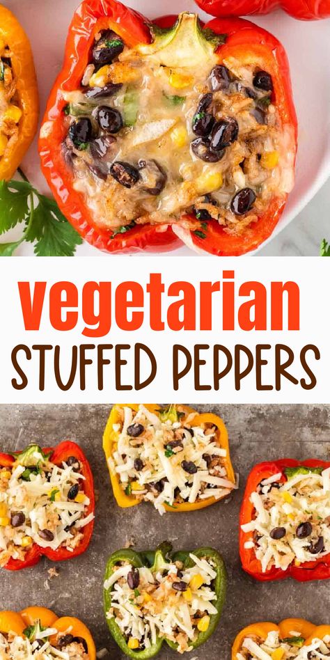 These vegetarian stuffed peppers are filled with a delicious black bean, corn, and rice mixture and baked to perfection topped with monterey jack cheese!