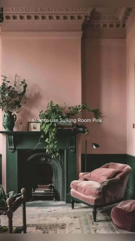 Sulking Room Pink by Farrow & Ball is a muted, dusky pink shade that is neither vibrant nor too dull, making it an excellent choice for creating a balanced and inviting living room. Sulking Room Pink And Wallpaper, Blush Pink Living Room Walls, Green And Salmon Living Room, Dusky Pink Walls, Sulking Room Pink Ceiling, Sulking Pink Farrow And Ball, Eclectic Pink Living Room, Muted Color Palette Living Room, Sulking Room Pink Office