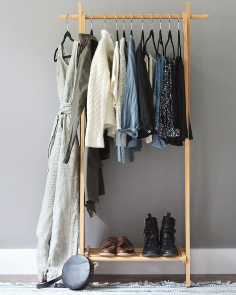 Traveling for 2 weeks with a carry on only - Uncomplicated Spaces Baskets Organization, Wood Clothing Rack, Wooden Clothes Rack, Bamboo Clothes, Gold Shelves, Modern Coat Rack, Bamboo Structure, Lounge Suites, Travel Capsule