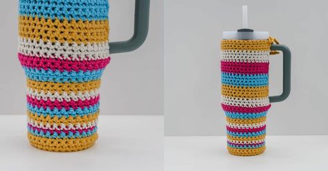 Striped Crochet Stanley Cup Cover Pattern Crochet Stanley Cup Holder Free Pattern, Crochet Stanley Cup Holder, Cup Cozies, Quick Crochet Patterns, Crochet Abbreviations, Boots Patterns, Stanley Quencher, Yarn Stash, Your Crochet