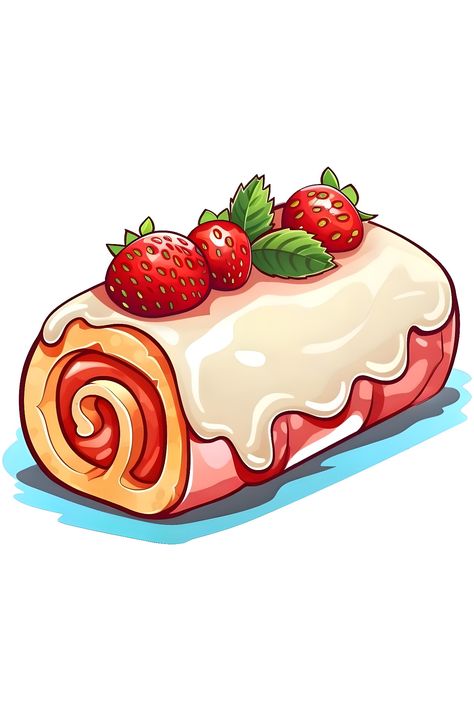 Painting Party Food Ideas, Animated Food Drawings, Drawing Food Ideas, Dessert Art Drawing, Cartoon Food Drawings, Strawberry Cake Drawing, Snacks Drawing, Dessert Drawings, Sweets Drawing