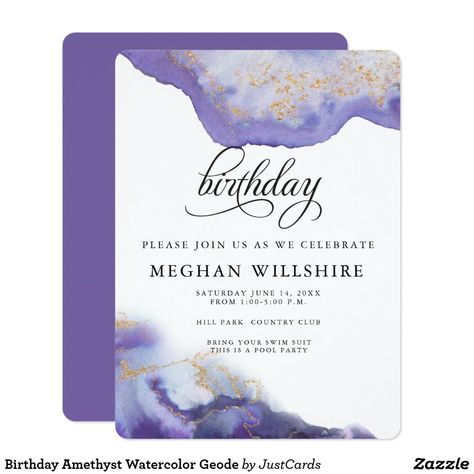 #invitationcards #amethyst  #Watercolor #Geode #Invitation #birthday #zazzle Watercolor Geode, Purple Geode, Birthday Purple, Modern Birthday, Watercolor Birthday, February Birthday, Golden Birthday, Pool Birthday Party, Birthday Party Celebration