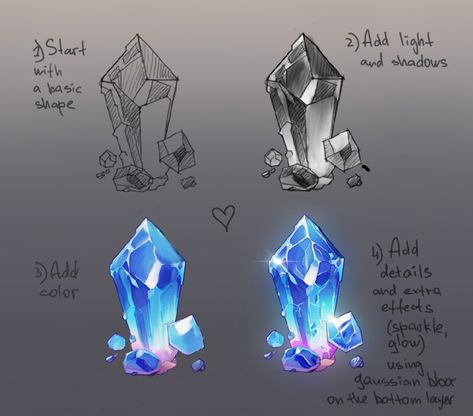 Crystal drawing tutorial Crystal Shard Drawing, Crystal Drawings Easy, How To Draw Crystals Digital, How To Draw A Gemstone, Gem Tutorial Digital, Crystal Art Tutorial, Crystal Reference Drawing, Silver Drawing Tutorial, Crystals Digital Art