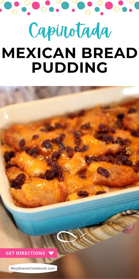 Mexican Bread Pudding in a blue tray. Mexican Pudding, Capirotada Recipe, Bread Pudding Muffins, Mexican Bread Pudding, Recetas Salvadorenas, Mexican Bread, Homemade Mexican, Dessert Photography, Bread Pudding Recipe