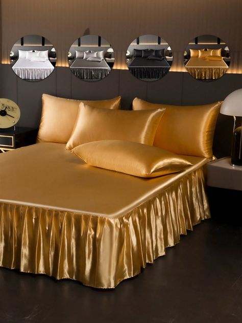 Gold  Collar  Satin Plain  Embellished  All Seasons Bedding Satin Bed, Silk Sheets, Satin Bedding, Dust Ruffle, Bed Skirt, Gold Collar, Gold Satin, Childrens Room Decor, King Size Bed