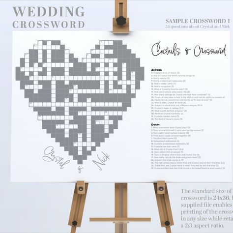 This heart-shaped Wedding Crossword Puzzle in Beautiful Black and Grey Tones colour scheme is like no other! It's a digital download and we will make sure it's personalized based on your provided details. We'll get it to you within 24 hours or even faster. Why pick us, you ask? Well, we eat, sleep, and breathe crosswords and puzzles every single day, which means you'll get a wedding crossword that's top-notch and tailor-made just for you. Sip And Solve, Wedding Crossword Puzzle, Reception Games, Minimalist Font, Wedding Games, Grey Tones, Crossword Puzzle, Women Wedding Guest Dresses, Printing Center