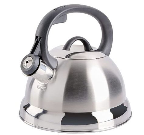 Solid stainless steel constructed 1.75-Quart teakettle Whistling teakettle alerts when water is boiling recommend you to move after Whistle has been blown Flip-up spout cover for safe and easy pouring with Bakelite stay cool handles and trigger for safety Hand wash recommended Do Not overfill kettle. Fill no higher than just spout opening Do Not allow stove flames to exceed tea kettle bas Stovetop Kettle, Kettle Chips, Mr Coffee, Whistling Tea Kettle, Tea Kettles, Perfect Cup Of Tea, Pots And Pans Sets, Bar Set Up, Pot Rack