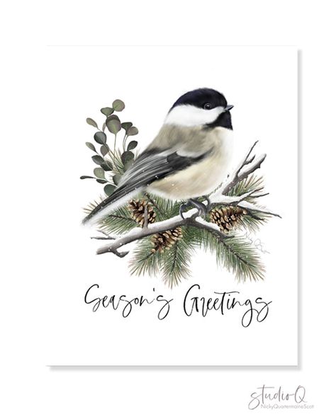 There is nothing prettier than a little Chickadee bird to brighten your walls at the holidays. Perched on a branch in this composition, this charming bird in a winter evergreen scene is a seasonal favorite for any bird lover. From my original artwork, frame and mat are not included. Size: Available in a variety of sizes to best suit your space. Please contact me if you need a custom size. Paper: Printed on high quality, acid free paper fine art paper. Layout: PORTRAIT. Landscape is available upo Christmas Card Art Artwork, Pen And Ink Christmas Cards, Winter Scenes To Paint, Christmas Chickadee, Chickadee Drawing, Winter Scene Paintings, Painting Cards, Chickadee Art, Mocking Bird