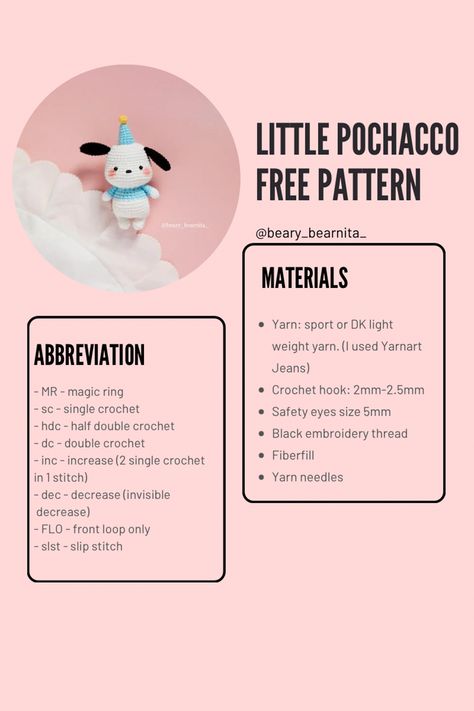 Crochet Pochacco Free Pattern, Free Sanrio Crochet Patterns, Pochacco Crochet Pattern, Sanrio Crochet Free Pattern, Crochet Pochacco, Sanrio Crochet, Granny Square Crochet Patterns Free, Crochet Toys Free, Crochet Idea