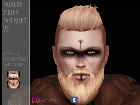 Reevaly is creating Sims 4 custom content | Patreon Viking Makeup, Sims Love, Viking Aesthetic, Sims Medieval, Viking Beard, Nordic Vikings, Sims 4 Cas, Viking Tattoos, Facepaint