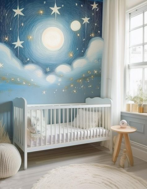 Northern Lights Nursery, Nursery Mural Ideas, Sky Themed Nursery, Simple Nursery Room, Bear Theme Nursery, Coastal Farmhouse Bedroom Ideas, Nursery Room Ideas, Star Themed Nursery, Nursery Drawings