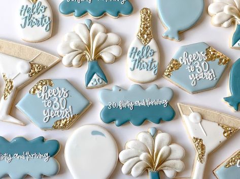 Thirty, Flirty, and Thriving Birthday Partycountryliving 30th Birthday Cookies, 30th Birthday Party Ideas, Bday Cookies, Cheers To 30 Years, Vintage Birthday Parties, Blue Icing, Ball Birthday Parties, Pink Cookies, Dessert In A Jar