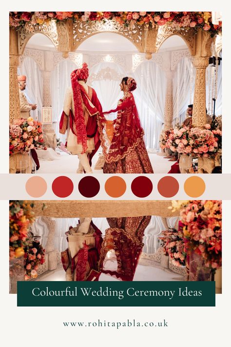 colourful wedding ceremony colour palette Indian Wedding Color Schemes Red, Red Colour Palette Wedding, Orange Red Wedding Theme, Wedding Color Schemes Indian, Red Peach Wedding, Red And Peach Wedding, Indian Wedding Color Schemes, Wedding Color Schemes Red, Bright Floral Arrangements