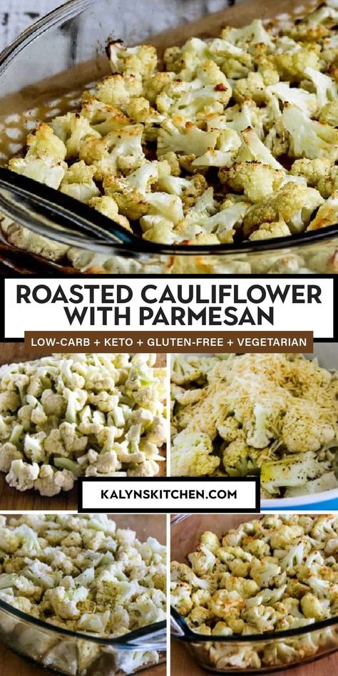 Pinterest image collage for Roasted Cauliflower with Parmesan showing one photo of prepared cauliflower in a baking dish ready to serve and several smaller photos of steps in the preparation process. Baked Cauliflower Recipes, Cauliflower Side Dish Recipes, Cauliflower Side Dishes, Cauliflower Meals, Keto Cauliflower Recipes, Baked Cauliflower Recipe, Cauliflower Parmesan, Cauliflower Side Dish, Cauliflower Recipes Healthy