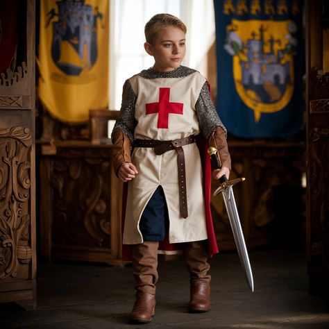 ✨Unleash your child's inner crusader with our Classic Knight Tunic Costume, designed to inspire bravery and adventure. Perfect for young warriors ready to embark on legendary quests or engage in imaginative play. ✨ Note: This is a children's costume designed to bring historical and heroic characters to life. ✨ What's Included: The set features a detailed knight tunic and a stylish PU leather belt, providing a complete and authentic look. 🌟 Premium Materials: Made from durable polyester and PU l Diy Knight Costume For Kids, Diy Knight Costume, Knight Costume For Kids, Cheap Halloween Costumes Diy, Tunic Costume, Cheap Halloween Costumes, Roman Warriors, Warrior Costume, Knight Costume