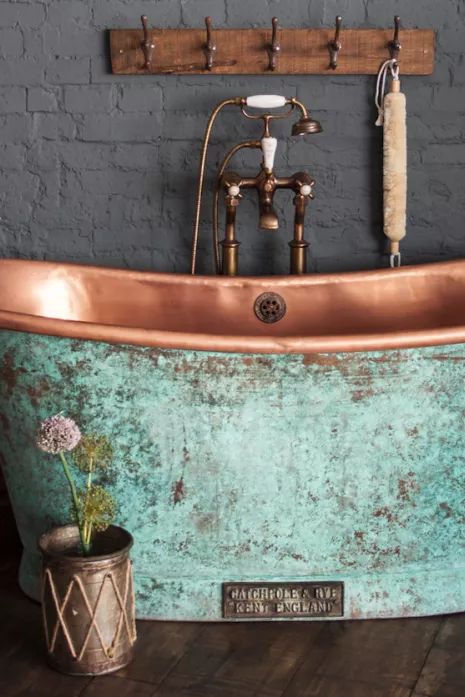 The Best Freestanding Copper Baths To Add Urban Cool | Livingetc Copper And White Bathroom, Copper Bathtub Bathroom, Copper Room Ideas, Green And Copper Bathroom Ideas, Cooper Tub, Copper Bathroom Ideas, Cool Bathrooms, Copper Bath Tub, Chanel Interior