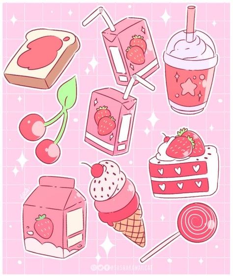 Food Drawings Cute, Sticker Inspo, Sweet Drawings, Pink Food, Anak Haiwan, 귀여운 음식 그림, Food Drawings, Seni Dan Kraf, Stickers Kawaii