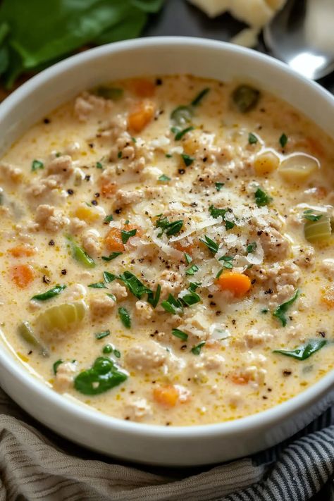 One Pot Creamy Italian Ground Chicken Soup, Soup Recipes Ground Chicken, Good Hearty Soups, Ground Chicken Tortellini Soup, Ground Chicken One Pot Meal, High Protein Crockpot Soup Recipes, Ground Chicken Stew, Soup Recipes Using Ground Chicken, Soup Recipes With Ground Chicken