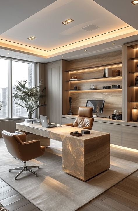 Modern Personal Office Design, Business Office Interior Design Women, Modern Contemporary Office Interiors, Corporate Office Doors, Office Brown Aesthetic, Ceo Office Back Wall Design, Luxury Office Building Interior Design, Dream Home Office Luxury, Italian Office Design