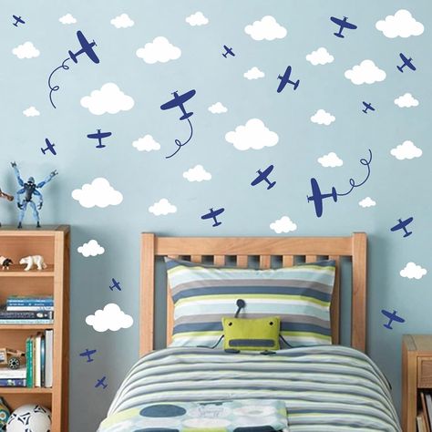 PRICES MAY VARY. Size: Total 3 sheets (9.8 X 11.8 inches /sheet) vinyl blue planes airplane aircrafts vehicles and white clouds wall stickers. Airplanes Wall Decals: easy to apply, just peel and stick, no damage for your walls. Aircrafts Wall Stickers: removable and repositionable with no marks or sticky residue. White Cloud Wall Decals: applies to any smooth surface (walls, mirrors, glass, doors, furniture, windows). Plane Cloud Wall Decals are perfect for decorating kids room, bedroom, boys ro Airplane Toddler Room, Plane Bedroom, Airplane Kids Room, Airplane Room Decor, Airplane Boys Room, House Themes, Boys Room Blue, Boys Wall Stickers, Blue Bedroom Walls