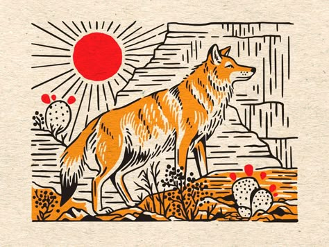 Coyote by Cristina Moore   #dribbble #design #illustration #dribbblers Coyote Linocut, Coyote Illustration, Howling Coyote, Wildlife Illustration, Orange Sherbert, Cowboy Art, Hand Drawn Illustration, Art Et Illustration, Drawn Illustration