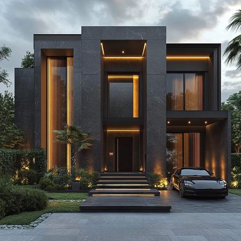 Modern Flat House, Dark Modern House Exterior, Modern Mansion Exterior, Linkedin Design, Dark Modern House, Dark Homes, Luxury Villa Design, Villa Luxury, Dream Life House