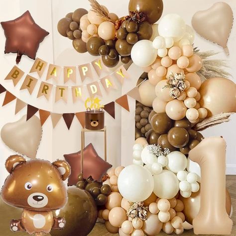 Everything you need for your child's teddy bear themed birthday party! Brown Balloon Garland, 1st Birthday Decorations Boy, 1st Birthday Boy Themes, Kids Birthday Party Cake, Teddy Bear Party, 1st Birthday Party Decorations, Picnic Birthday, Girl Birthday Decorations, 1st Birthday Decorations