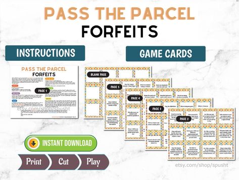 Pass the Parcel Forfeits Birthday Game for Adults & Kids | Etsy Forfeit Ideas, Family Game Night Ideas, Pass The Parcel Game, Game Night Ideas, Pass The Parcel, Birthday Games For Adults, Group Games For Kids, Birthday Party Game, New Year's Games