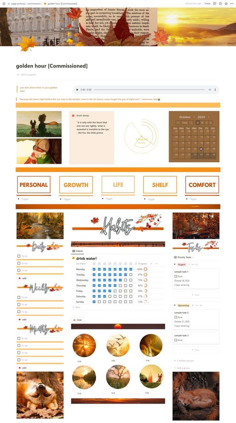 notion habit tracker template Autumn Notion, Fall Notion, Notion Dashboard Template, Notion Setup, Productivity Habits, Sunset Theme, Setup Inspiration, Notion Inspo, Notion Ideas