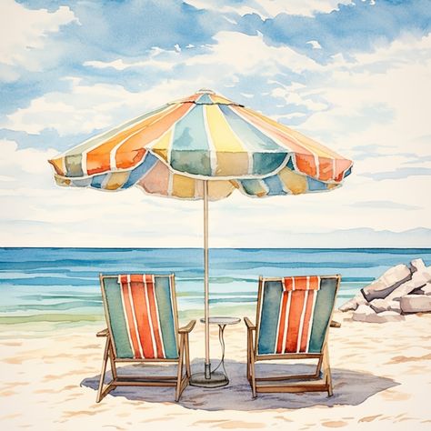 Tropical Watercolor Vacation, Ocean Water Beach House Print, Chairs & Umbrella Beach Art Print Beach House Watercolor Painting, Beach Umbrella Watercolor, Beach Chair Pictures, Vacation Drawing Ideas, Beach Chair Painting, Beach Chair Drawing, Beach Umbrella Illustration, Beach Chair Illustration, Beach Umbrella Drawing