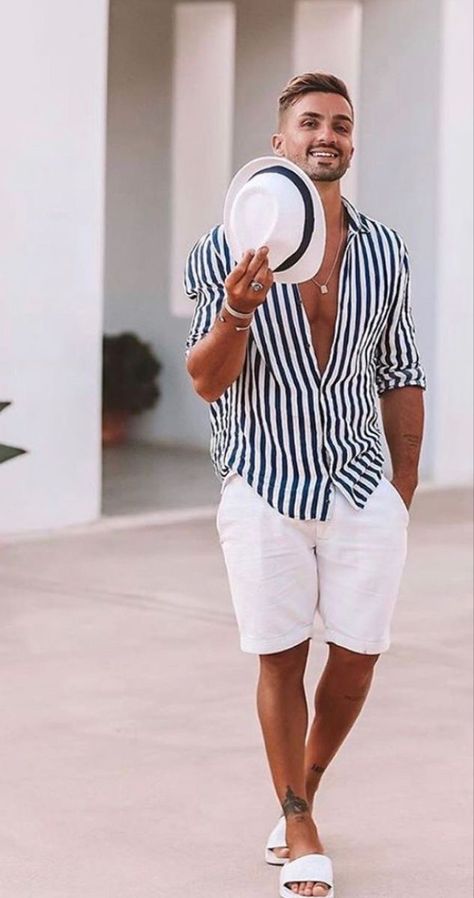 Vacation Outfits Men, Beach Outfit Men, Navy Striped Shirt, Mens Summer Outfits, Mens Casual Outfits Summer, Men Beach, Men Fashion Casual Outfits, Linnet, Summer Outfits Men