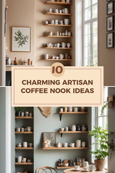 Ready to create your own cozy coffee nook that feels like a peaceful retreat? ☕ Explore 10 artisanal setups that blend style and comfort! From minimalist shelving decorated with luscious plants to expertly placed decor that makes sipping coffee feel special, these ideas are perfect for turning a small space into a charming coffee heaven. Impress your friends and family while enveloping yourself in a relaxing ambiance with trendy artisan designs. Discover how to make every coffee moment memorable! Tiny Coffee Nook Ideas, Coffee Nook Ideas, Coffee Bar Living Room, Cozy Coffee Nook, Coffee Nooks, Minimalist Shelving, Coffee Shelf, Coffee Moment, Coffee Table Inspiration