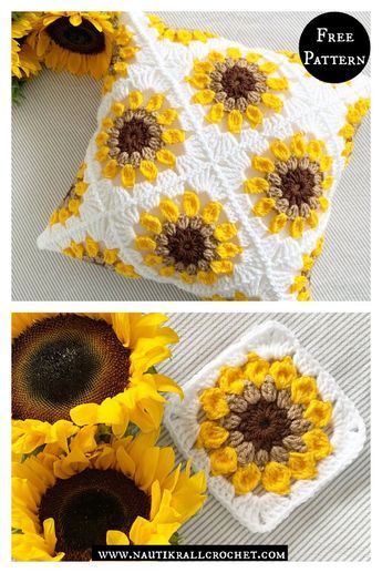 Solig Sunflower Pillow Free Crochet Pattern Granny Pillow Crochet, Crochet Blanket Spring, Crocheted Sunflowers, Crochet Square Pillow, Crochet Flower Pillow, Pillows Crochet, Crocheted Sunflower, Crochet Blanket Diy, Pillow Crochet Pattern