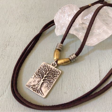 New Necklace Adjustable Approximately To 30”L Brown Dark Chocolate Tone Soft Genuine Leather Cord Sueded Strand Of Deerskin. Oxidized Silver Hammered Tree Of Life Charm Pendant Approx 1”L/ 0.75”W Antique Tone Gold Plated Tube Spacer Beads. Oxidized Silver Disk Beads. Necklace Is Adjustable To Your Desired Length Between 15" And 30". (38cm - 76cm), And Can Be Worn Both Short Or Long. Handcrafted In Us Handmade Artisan Item Exclusive Bestseller Style/ Great Gift Idea Bundle Up And Save Even More A Boho Leather Necklace, Necklace Leather Cord, Leather Cord Jewelry, Jump Ring Jewelry, Lava Bead Bracelet, Leather Cord Necklace, Necklace Leather, Artisan Necklace, Cord Jewelry