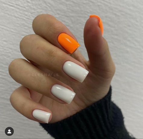 White And Orange Nails, Orange And White Nails, Cute Short Nails, Cute Gel Nails, Bride Nails, Yellow Nails, Orange Nails, Trendy Nails, White Nails