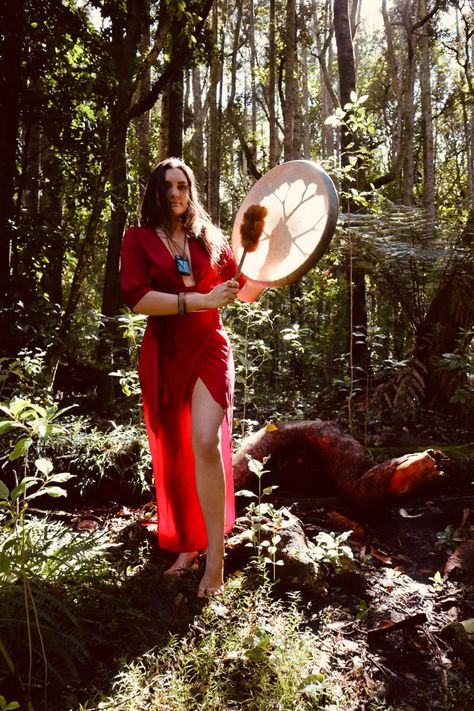 Medicine Woman Photoshoot, Red Tent Ritual Wild Women, Shamanic Photoshoot, Drum Photoshoot, Goddess Shoot, Savage Daughter, Red Goddess, Goddess Photo, Woman Goddess