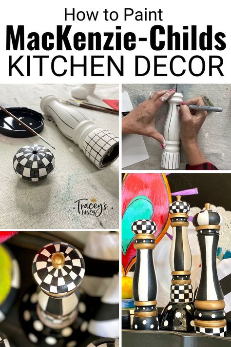 I came across these chunky wooden salt and pepper grinders at my local Goodwill. It’s no secret that I love any and all things MacKenzie- Childs decor, so I gave them a whimsical black and white patterned makeover. My painting blog will show you how, read it now or save this pin for a later small project DIY or handmade gift #traceysfancy #painted #mackenziechilds Mackenzie Childs Furniture, Mackenzie Childs Diy, Furniture Painting Tips, Mackenzie Childs Inspired, Mckenzie And Childs, Whimsical Painted Furniture, Furniture Painting Techniques, Whimsical Home, Diy Kitchen Decor