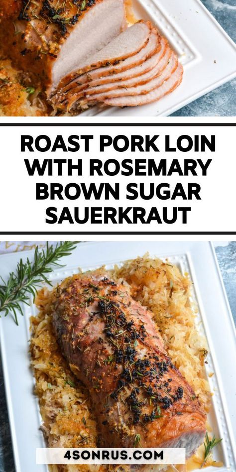 Roast pork loin with rosemary brown sugar sauerkraut takes roast pork and sauerkraut to the next level. This easy recipe will allow you to enjoy a taste of New Year’s Day all year long. #roastpork #pork #porkroast #recipe Pork Tenderloin And Sour Kraut Recipes, New Years Pork Loin Recipes, Pork Tenderloin Recipes With Sauerkraut, Pork Loin Recipes With Sauerkraut, New Year Pork Recipes, Pork And Sauerkraut Crockpot Brown Sugar, Saurkraut And Pork Loin In Oven, Roasted Pork And Sauerkraut, New Years Pork Roast