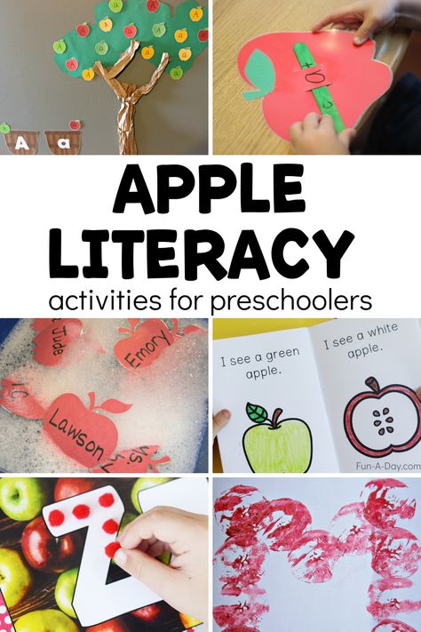 So many apple literacy activities for preschoolers and kindergarten kids to try during your next apple theme! Let kids practice the alphabet, rhyming, names, high frequency words, and more with an apple twist. Click on the Fun-A-Day.com link to learn more. Apple Theme Literacy Preschool, Apple Theme Fine Motor Activities, Apple Reading Activities, Farm Literacy Activities Preschool, Apple Day Kindergarten, Apple Literacy Activities, Apple Activities Kindergarten, Apples Activities, Literacy Activities For Preschoolers