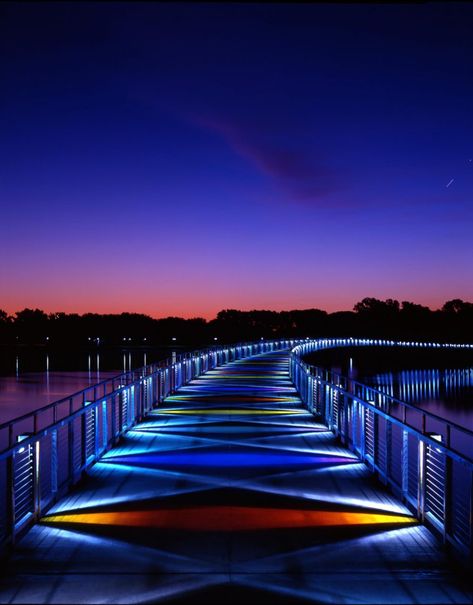 Bridge Lighting, Lake Bridge, Outdoor Bridges, Drawn People, Downtown Des Moines, Light Art Installation, Neon City, Art Foundation, Entrance Gates Design