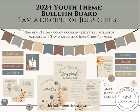 Young Women Bulletin Board 2024, Ward Bulletin Board Ideas Lds, Lds Yw Theme 2024, Lds Bulletin Board Ideas, Church Youth Room Ideas, Family Bulletin Boards, Lds Youth Theme, Young Women Theme, Floral Scrapbook Paper