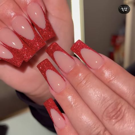 Maroon And Gold Nails Coffin, Cute Red Sparkly Nails, Red Tip Glitter Nails, Red And White Nails For Prom, Prom Nails Red French Tip, Short Red Nails Design Sparkle, Red Nails Acrylic With Glitter, Long Square Acrylic Nails Red Glitter, Sparkly French Tip Nails Short