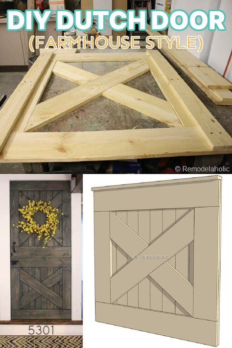 Add privacy to any room, with a side of farmhouse style, with this DIY Dutch door. The bottom of the split wooden door acts as a baby gate, and the top gives you the option of additional privacy. #remodelaholic #buildingplan #beginnerbuilding Dutch Screen Door Diy, Double Dutch Barn Doors, Chicken Coop Dutch Door, Diy Wood Gate Outdoor, How To Make A Barn Door, Diy Stall Doors, Diy Wooden Gate, Wood Dutch Door, Diy Dutch Door