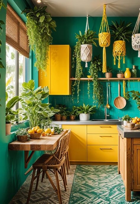 27 Stunning Boho Kitchen Designs That Will Inspire You 12 Colourful Rustic Decor, Boho Kitchen Makeover, Eccentric Kitchen Ideas, Botanical Kitchen Ideas, Colourful Kitchen Ideas, Boho Home Ideas, Colorful Kitchen Design, Bright Kitchen Colors, Boho Kitchen Table