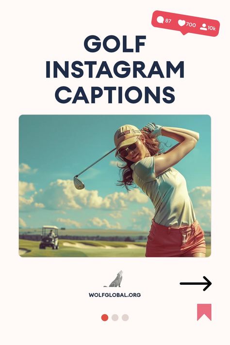 Woman in mid-swing on a golf course, with social media engagement icons and text overlay.
A list of golf-themed phrases with checkmarks, emojis, and a "Get 100+ more" button.
Promotional graphic with a happy woman on a laptop, advertising Instagram engagement services. Golf Instagram Captions, Golf Driving Range, Golf Pictures, Good Drive, Golf Day, Way To Heaven, Game Face, Perfect Golf, Driving Range