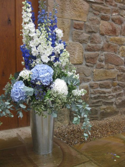 Pedestal Arrangements, Large Floral Arrangements, Altar Flowers, Blue And White Flowers, Large Flower Arrangements, Church Flower Arrangements, Beautiful Wedding Flowers, Blue Wedding Flowers, Church Flowers